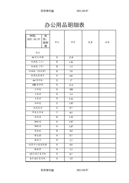 办公用品明细表、价目表