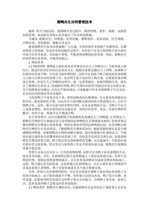 稻鸭共生田间管理技术