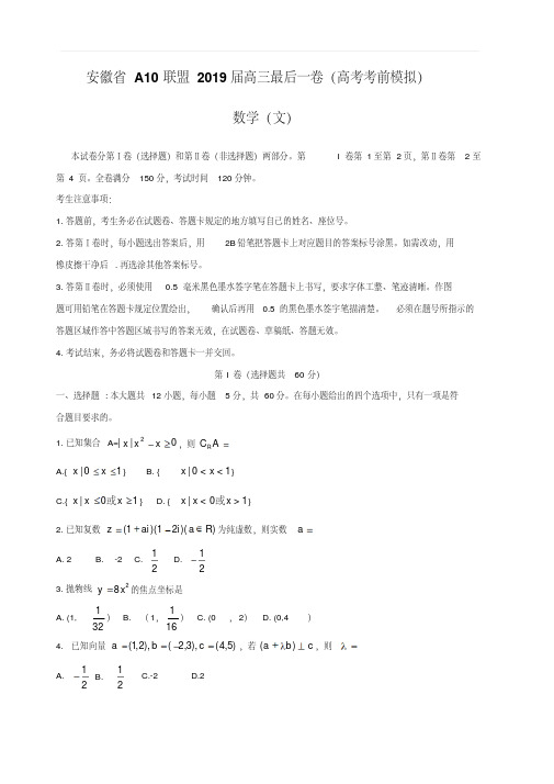 安徽省A10联盟2019届高三最后一卷(高考考前模拟)-数学(文)(附答案解析)