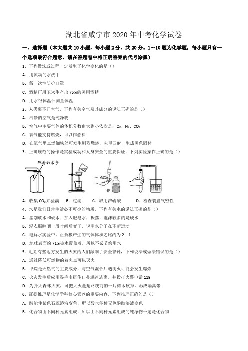 湖北省咸宁市2020年中考化学试卷(word版,含解析)
