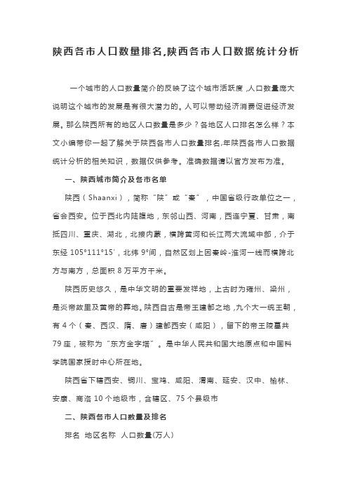 陕西各市人口数量排名,陕西各市人口数据统计分析