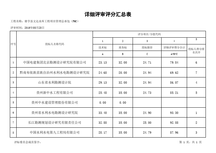 详细评审评分汇总表