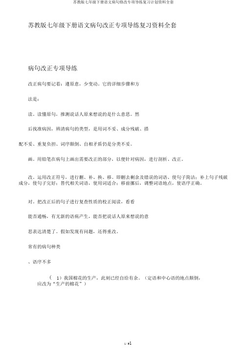 苏教版七年级下册语文病句修改专项导练复习计划资料全套