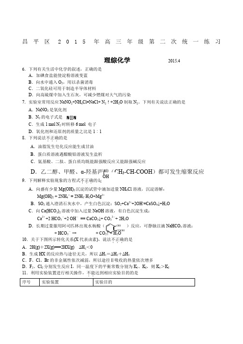 2015年北京市昌平区高三二模理综化学试题及答案