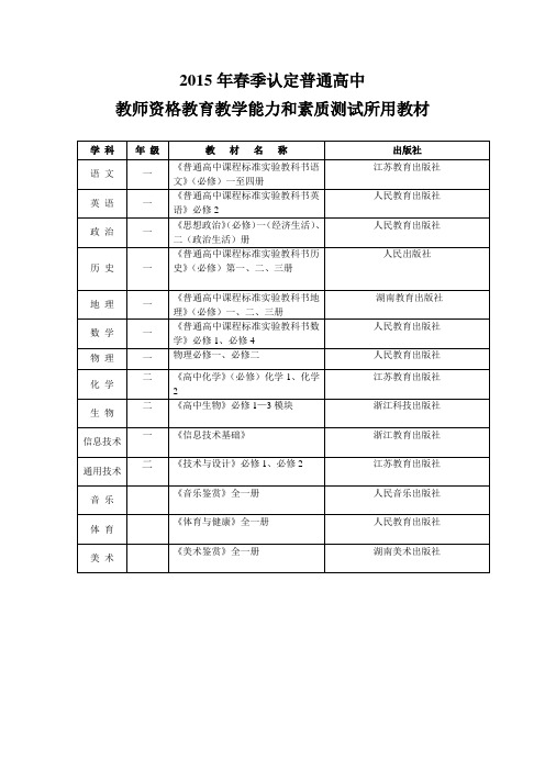 2015年秋季认定普通高中教师资格教育教学能力和素质测试所用教材