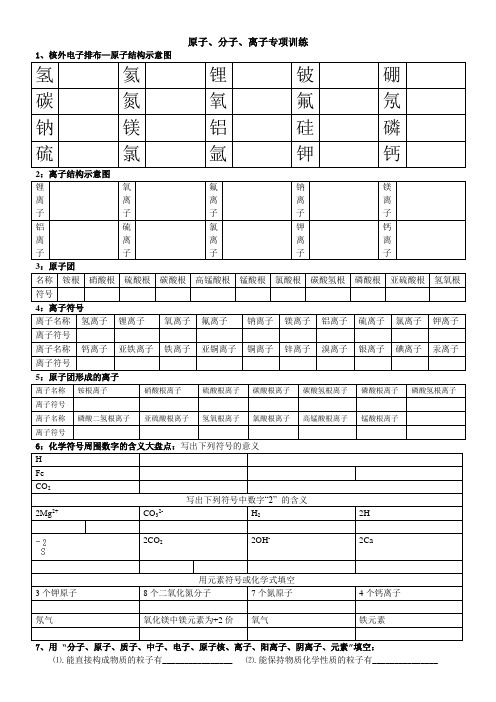 人教版九年级化学上册原子、分子、离子专项训练