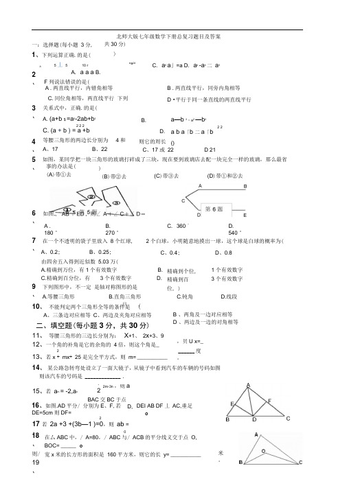 北师大版七年级数学下册总复习试题(有答案)