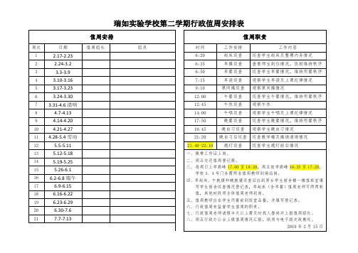 瑞如实验学校第二学期行政值周安排表