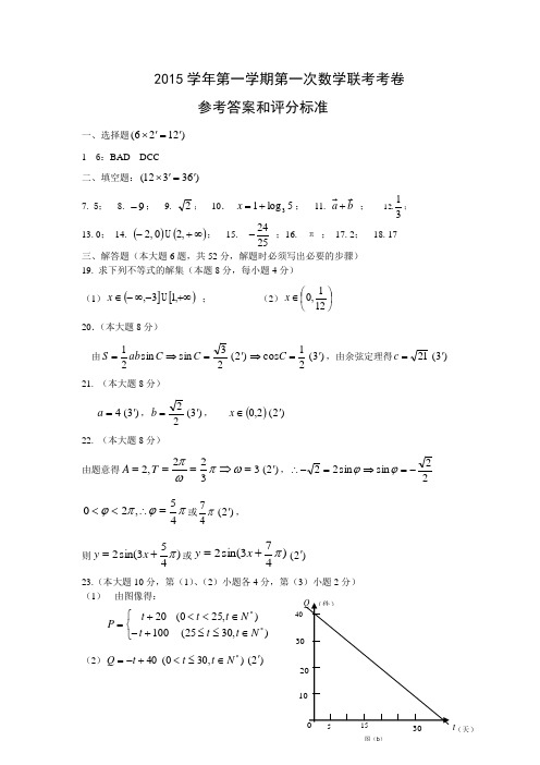 2015学年上海数学学科第一次联考卷答案 (1)