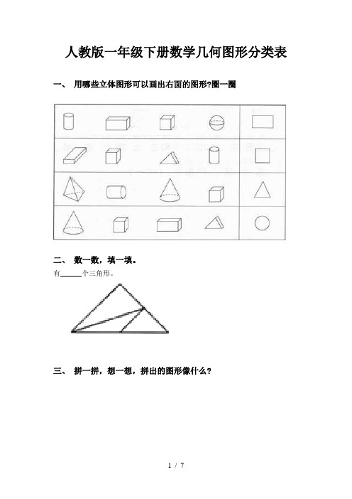 人教版一年级下册数学几何图形分类表