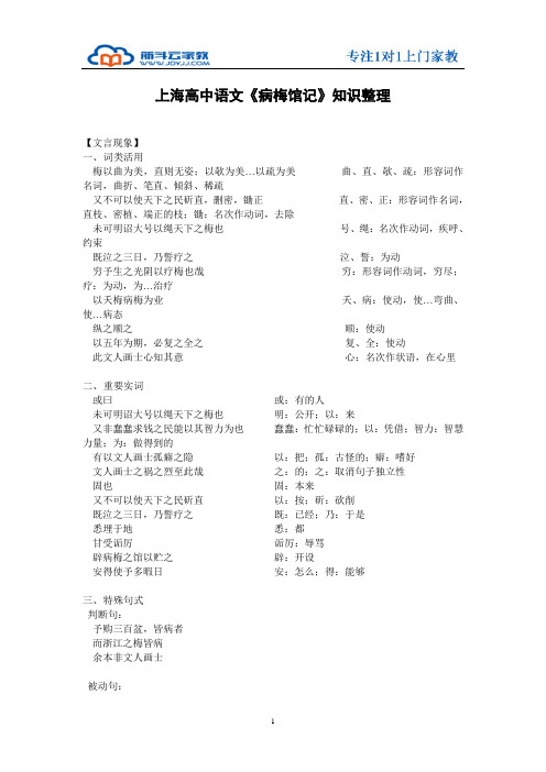 沪教版高中古文《病梅馆记》文言知识整理