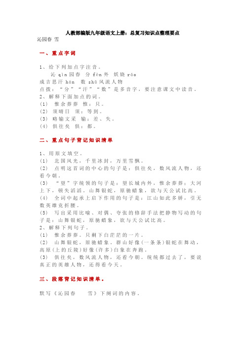 人教部编版九年级语文上册：总复习知识点整理要点1