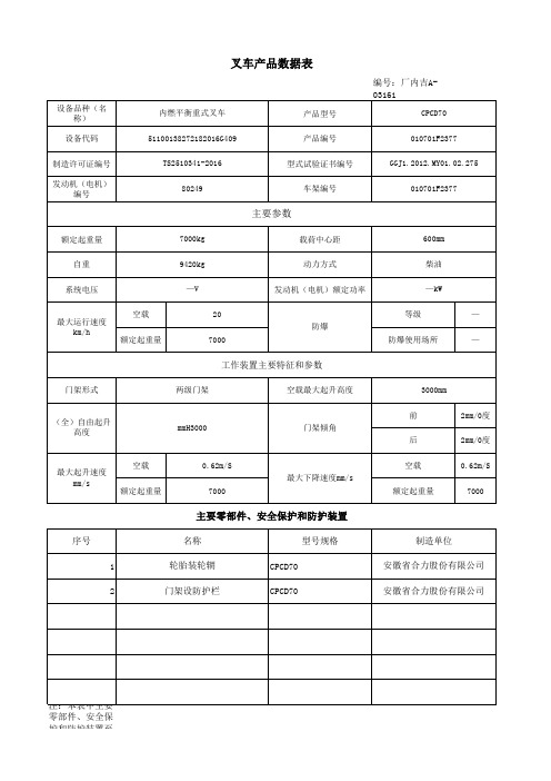 叉车产品数据表