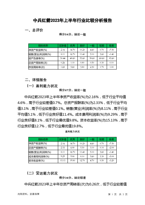 000519中兵红箭2023年上半年行业比较分析报告
