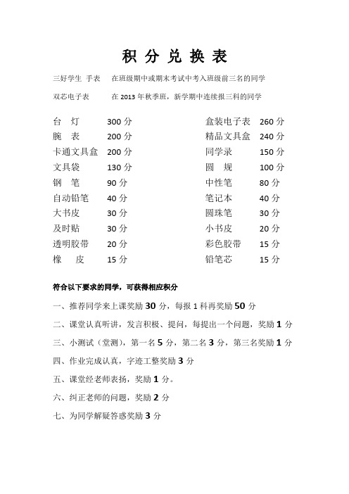 积 分 兑 换 表