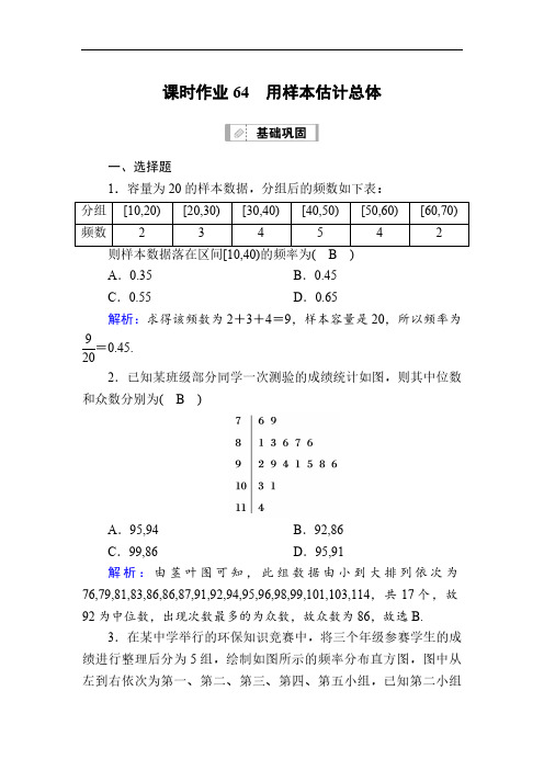 人教B版高考数学大一轮总复习讲义 用样本估计总体 Word版含解析