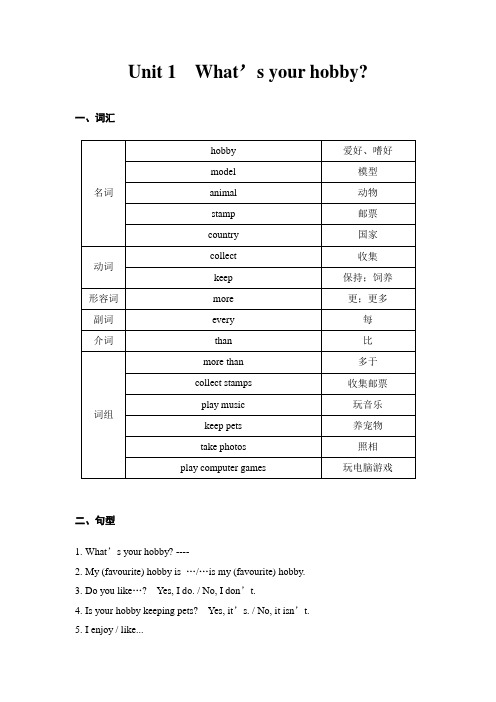 广州版小学英语五年级上册Unit 1  What’s your hobby教案知识点重点总结(含习题和答案)
