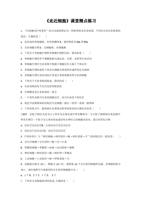高一生物《走近细胞》课堂精点练习及答案