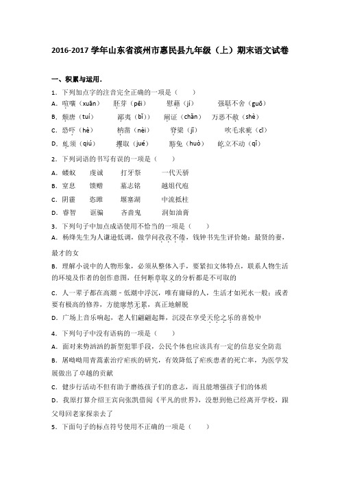 山东省滨州市惠民县2017届九年级(上)期末语文试卷(解析版)