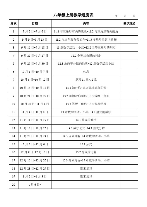 八年级数学上册教学进度表
