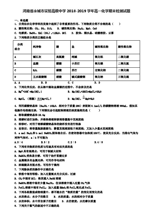 河南省永城市实验高级中学2018-2019学年高一化学期末检测试题