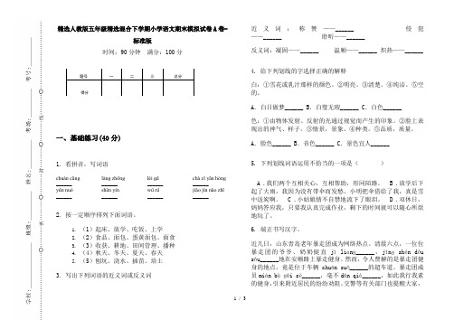 精选人教版五年级精选混合下学期小学语文期末模拟试卷A卷-标准版