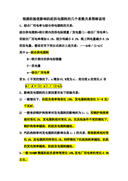 根据经验值影响机组供电煤耗的几个系数关系简略说明