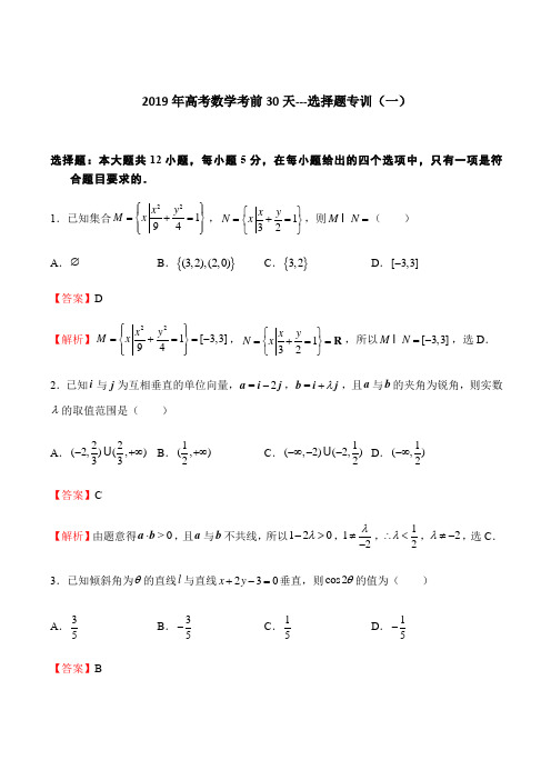 2019年高考数学考前30天---选择题专训(一)含答案