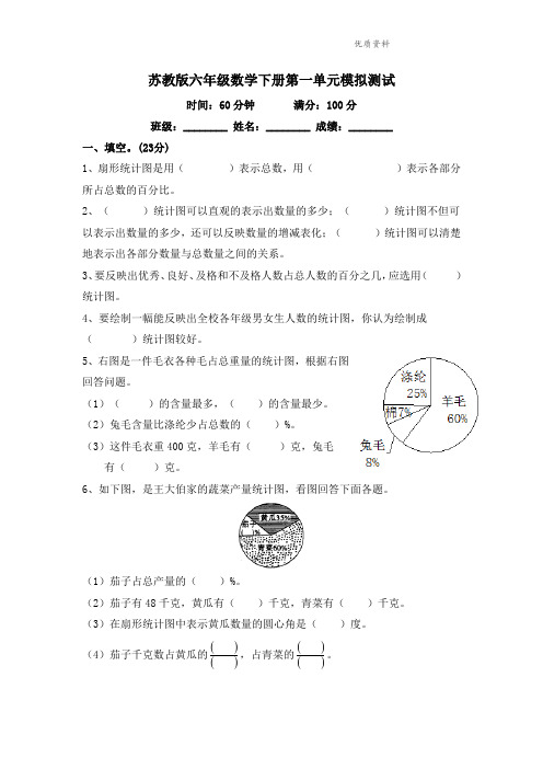 苏教版小学六年级数学下册第1单元《扇形统计图》综合练习题(1)附答案