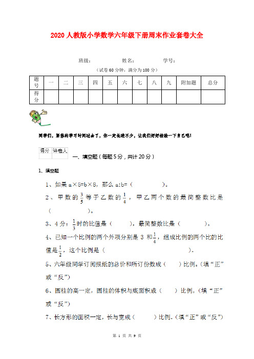 2020人教版小学数学六年级下册周末作业套卷大全