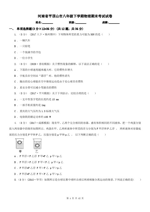 河南省平顶山市八年级下学期物理期末考试试卷