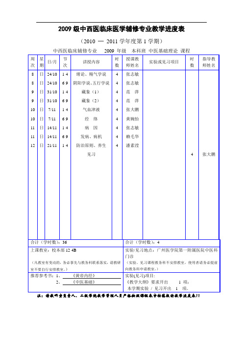 2009级中西医临床医学辅修专业教学进度表