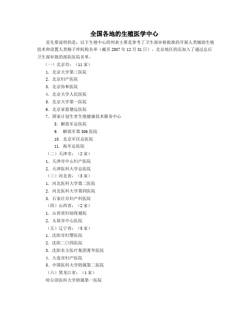 全国各地的生殖医学中心