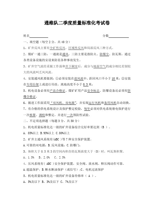 煤矿通风专业质量标准化考试卷