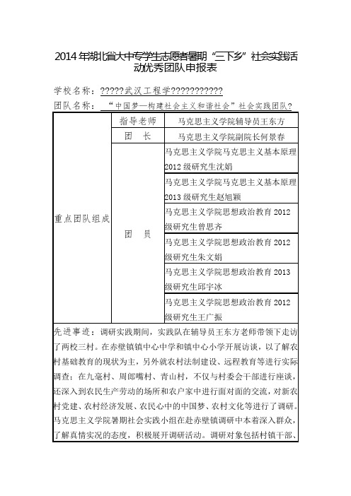 优秀团队申报表团队名称中国梦构建社会主义和谐社会实践团