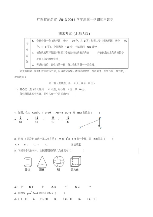 广东省茂名市2013-2014学年度第一学期初三数学期末考试(北师大版)