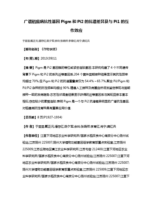 广谱稻瘟病抗性基因Pigm和Pi2的抗谱差异及与Pi1的互作效应