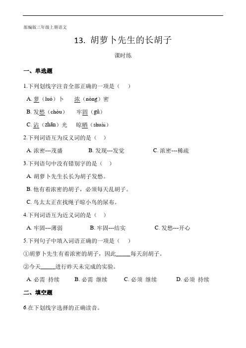 三年级上册语文部编版课时练第13课《胡萝卜先生的长胡子》02 试题试卷 含答案
