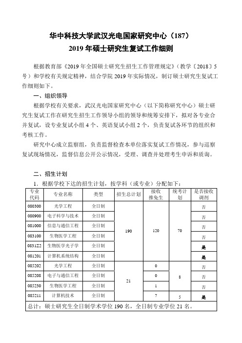 华中科技大学187武汉国家光电中心2019年硕士研究生复试工作细则