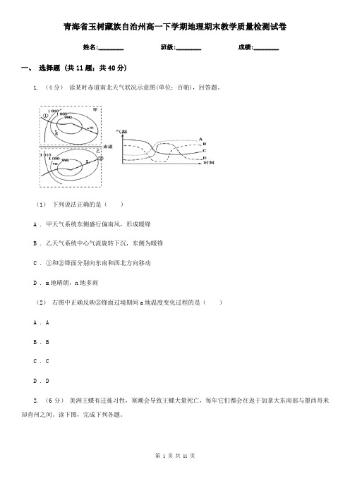 青海省玉树藏族自治州高一下学期地理期末教学质量检测试卷