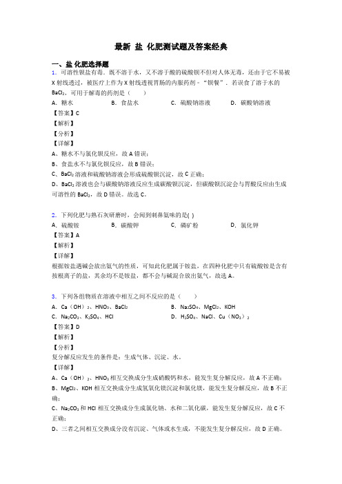 最新 盐 化肥测试题及答案经典