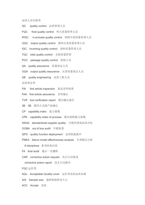 品质人员名称类检验量测工具英语词汇