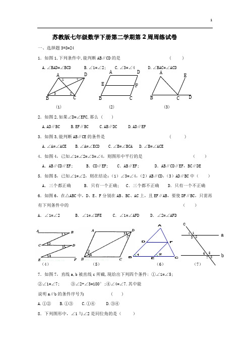 苏教版七年级数学下册第二学期第2周周练试卷