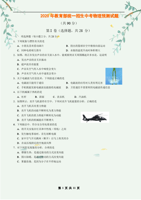 2020年教育部统一招生中考物理预测试题