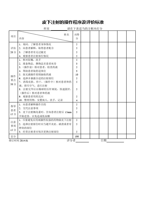 皮下注射的操作程序及评价标准