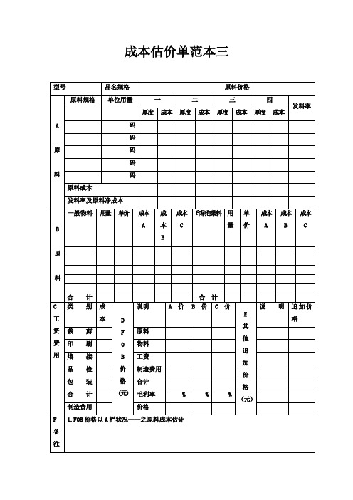 成本估价单范本三
