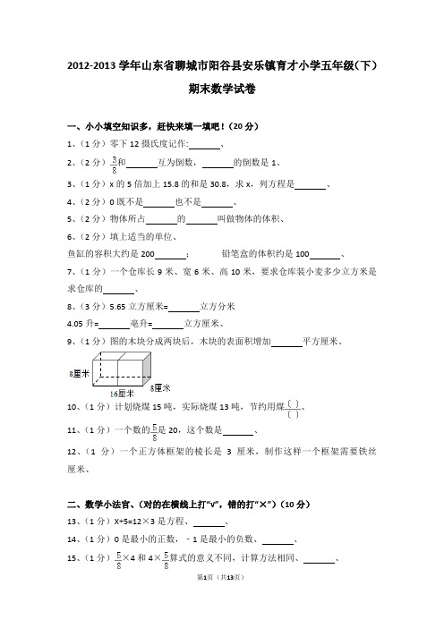 (解析版)2012-2013学年山东省聊城市阳谷县安乐镇育才小学五年级(下)期末数学试卷