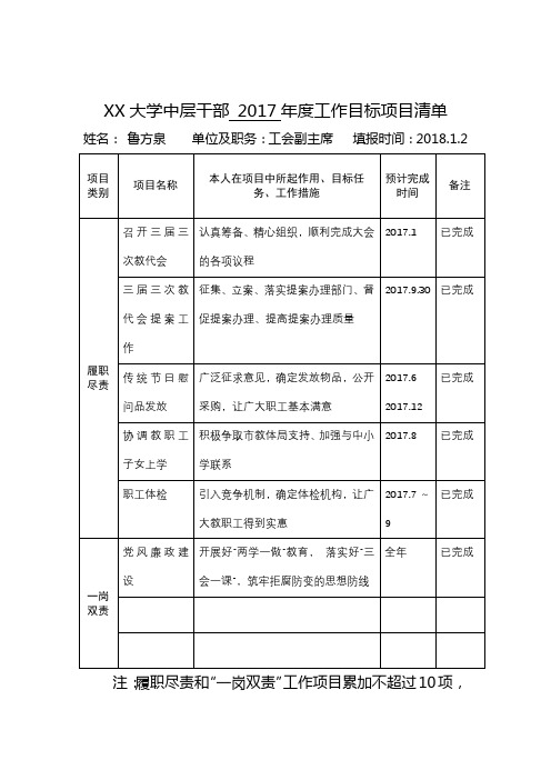 长江大学中层干部 2017年度工作目标项目清单【模板】