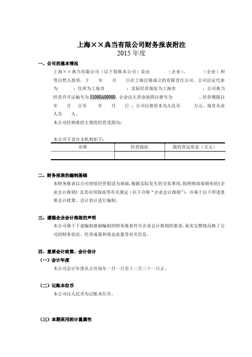 上海XX典当有限公司度财务报表附注201601