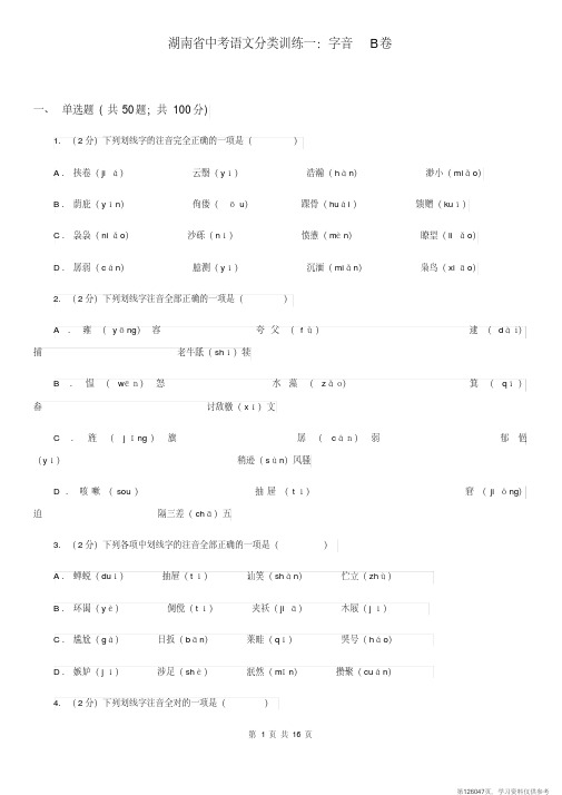(精品文档)湖南省中考语文分类训练一：字音B卷